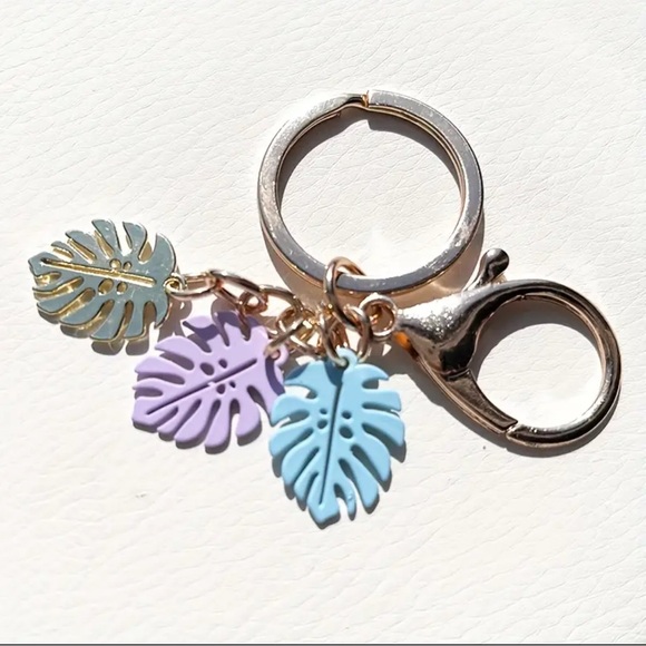 Gold Purple Blue Pastel Tropical Leaf Keychain Bag Charm - Picture 1 of 3